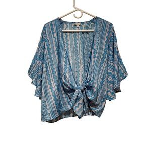 Karma Highway Blue Geometric Zigzag Tie Front Kimono Top Flutter Sleeve One Size